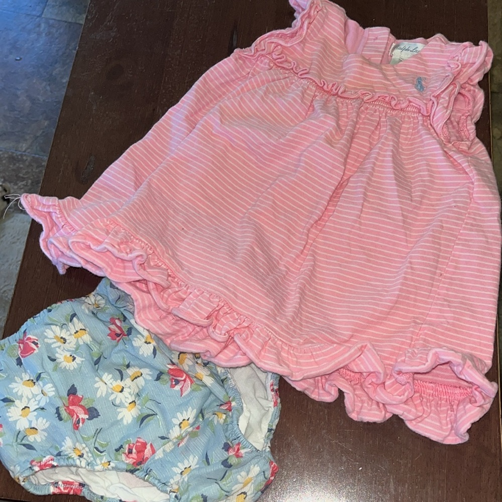 Ralph Lauren Pink Striped Ruffle Tank with Floral Bloomers